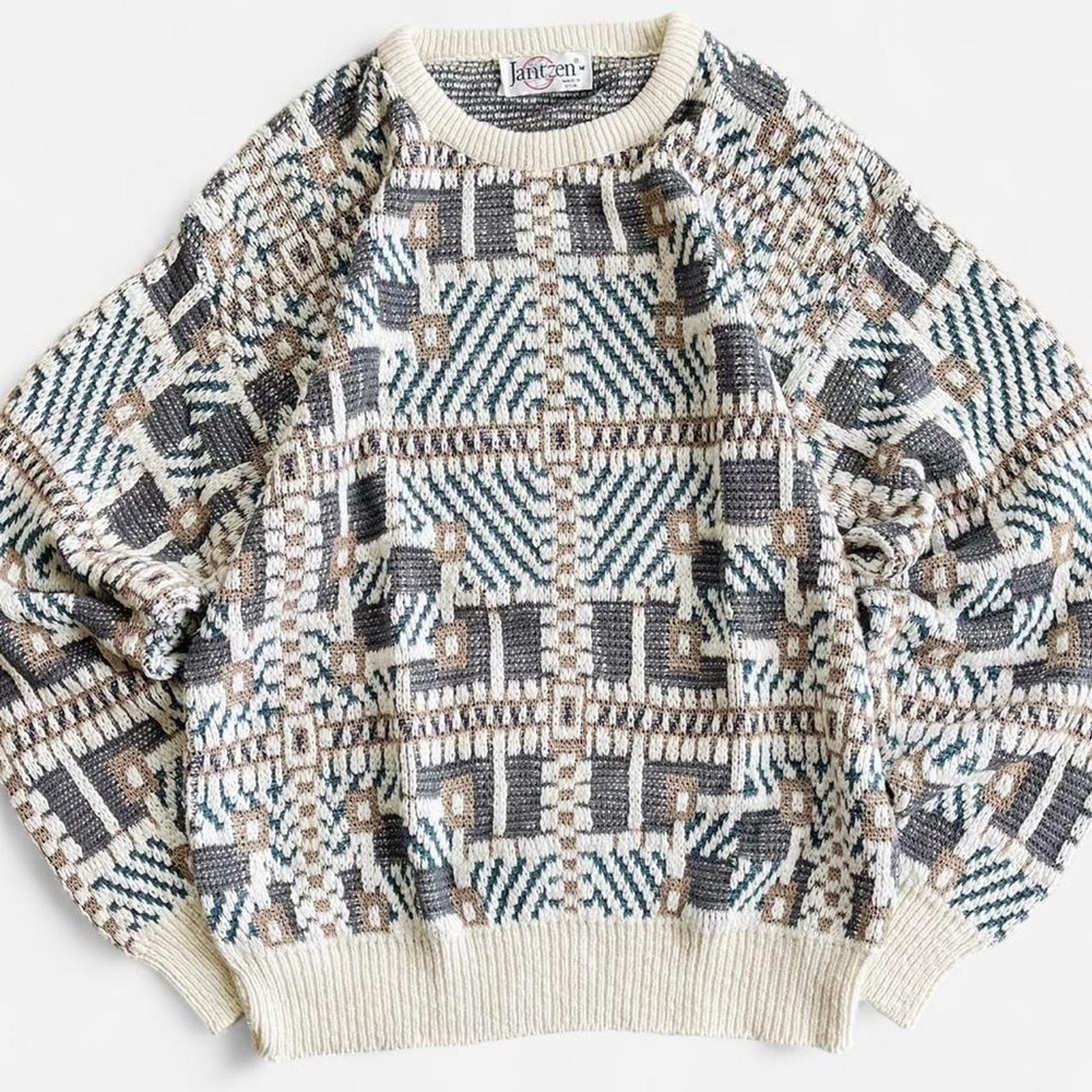 Vintage Jantzen Cozy Slouchy Cotton Blend Knit Geometric Pullover Sweater